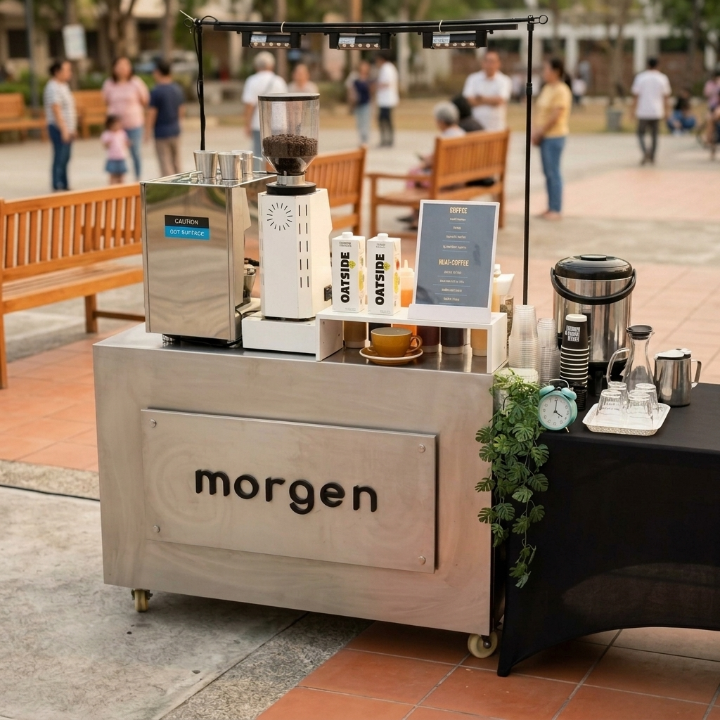 The Morgen coffee cart set up and serving at an outdoor event